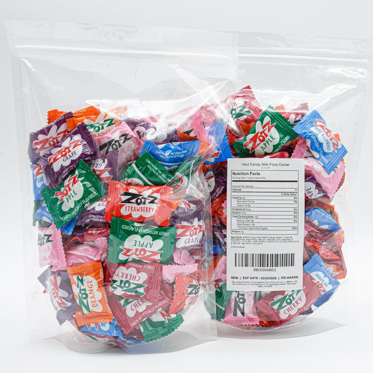 Donty-Tonty Zotz hard candy shell closeup reveals vibrant fruit colors for a playful bite.