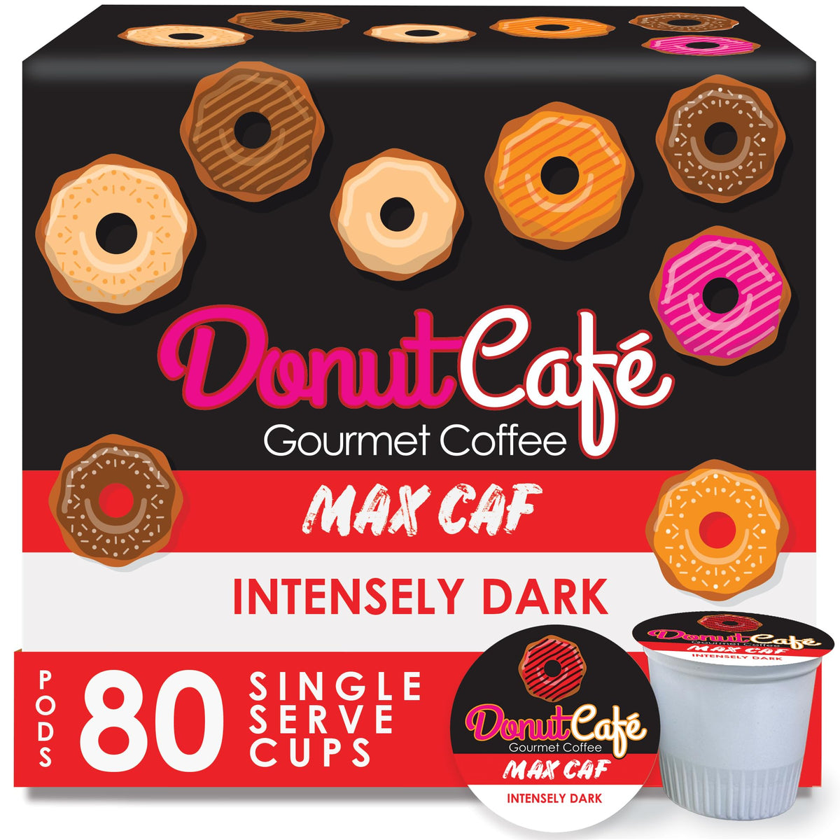 Donut Café Max Caf capsules ready for Keurig brewing with bold flavor.