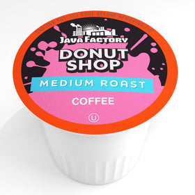 Donut Shop Blend coffee cup, steamy pour revealing smooth balanced profile.