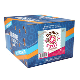 Donut Stop 40-count package displayed on counter, ready to brew.