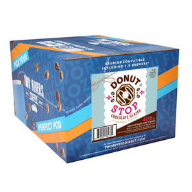 Donut Stop flavored coffee with chocolate glaze creates a sweet cup.