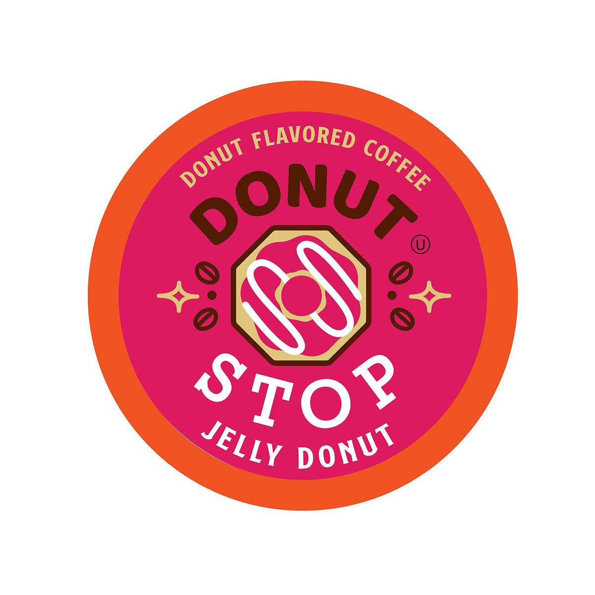 Donut Stop Jelly Donut Pods on kitchen shelf with bakery aroma for mornings.