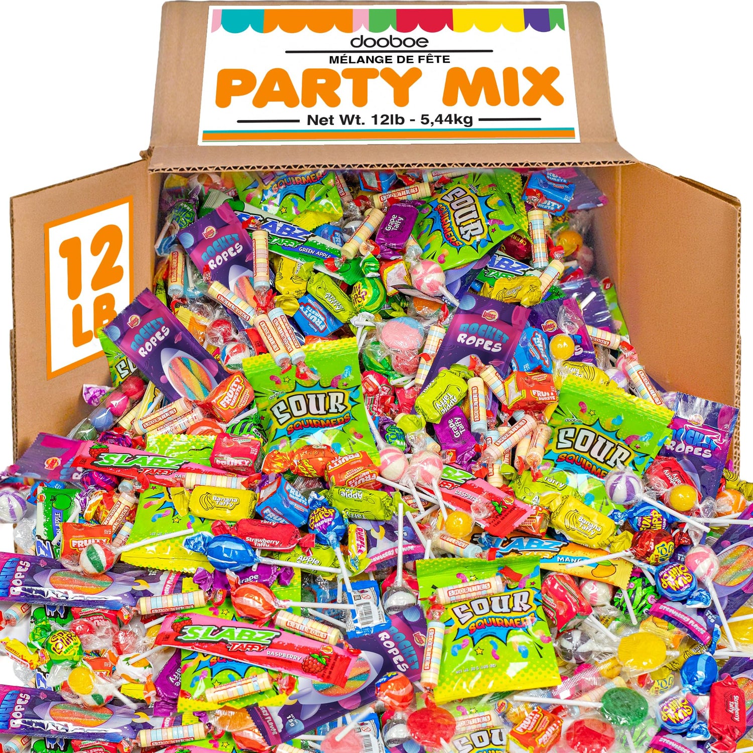 Dooboe bulk candy mix 12 lb bag shown for party bowls and events.