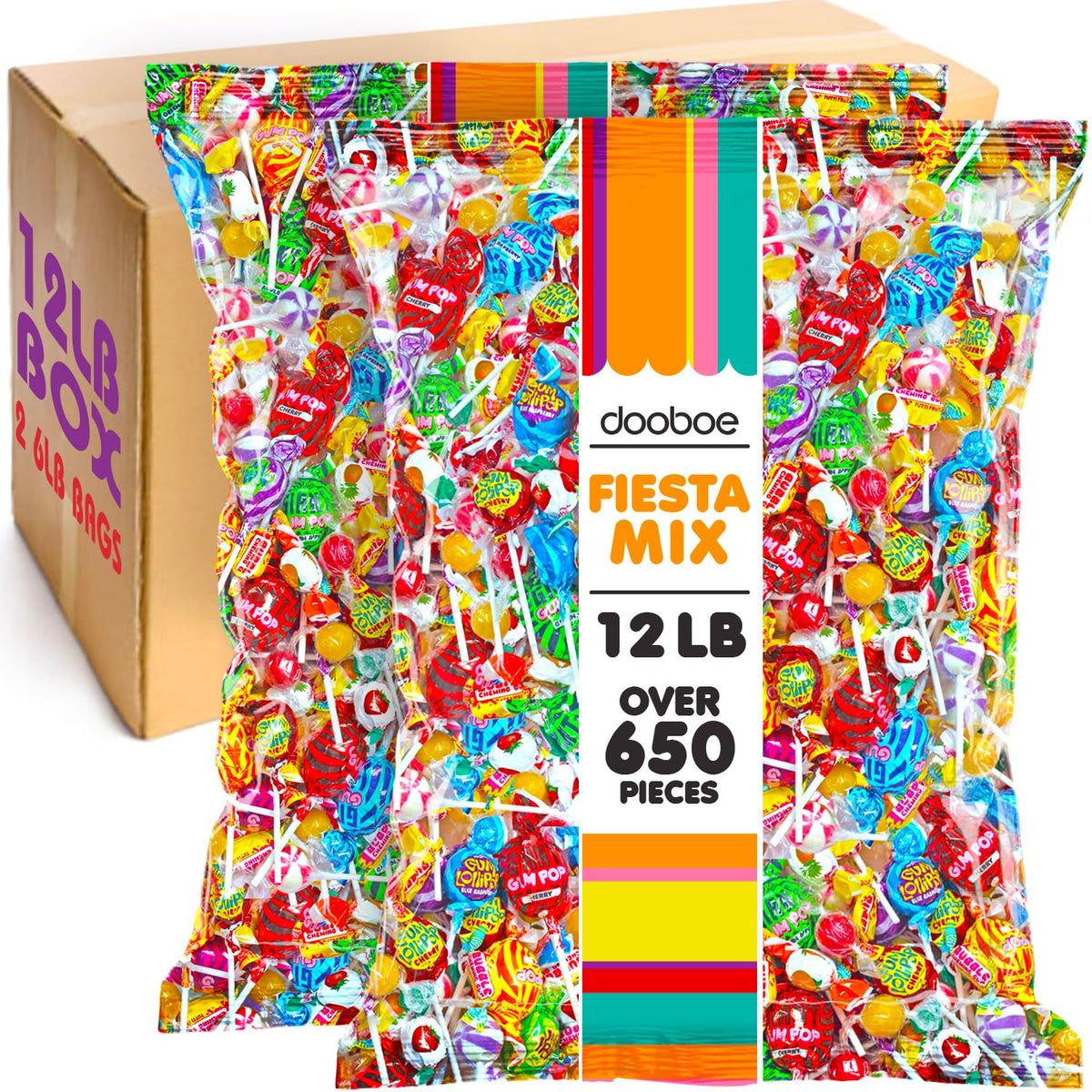 Dooboe Cinco De Mayo bulk candy bag shows assorted lollipops for pinatas and parties.