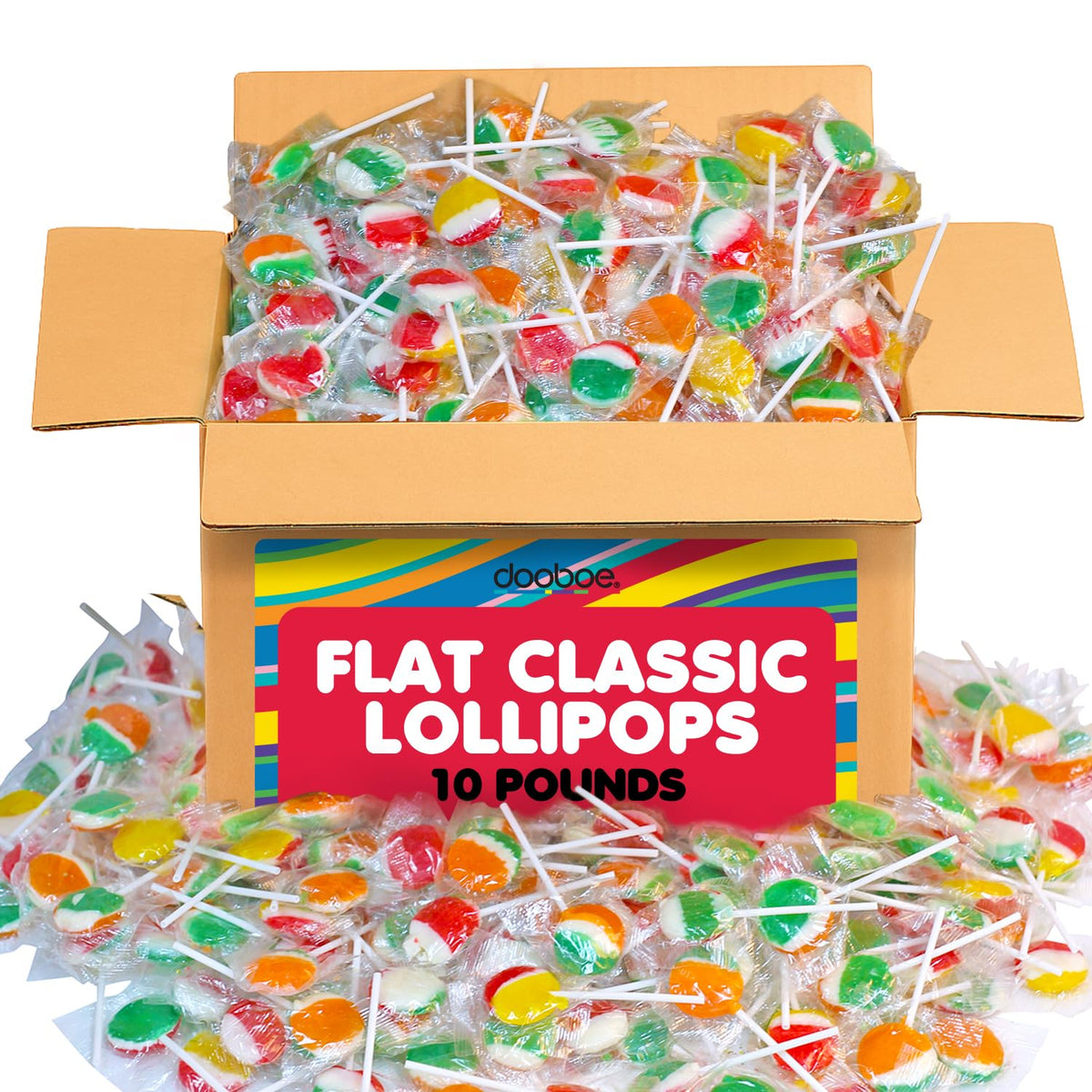 Dooboe Lollipops bulk 10lb pack with bold multicolor swirls for party tables.