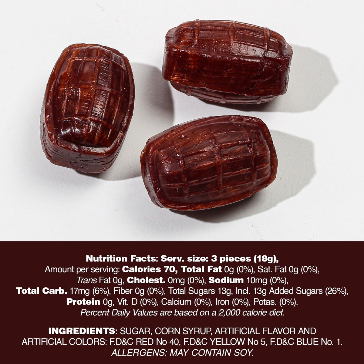 Dooboe Root Beer Barrels old-fashioned flavor displayed in bite-sized candies.
