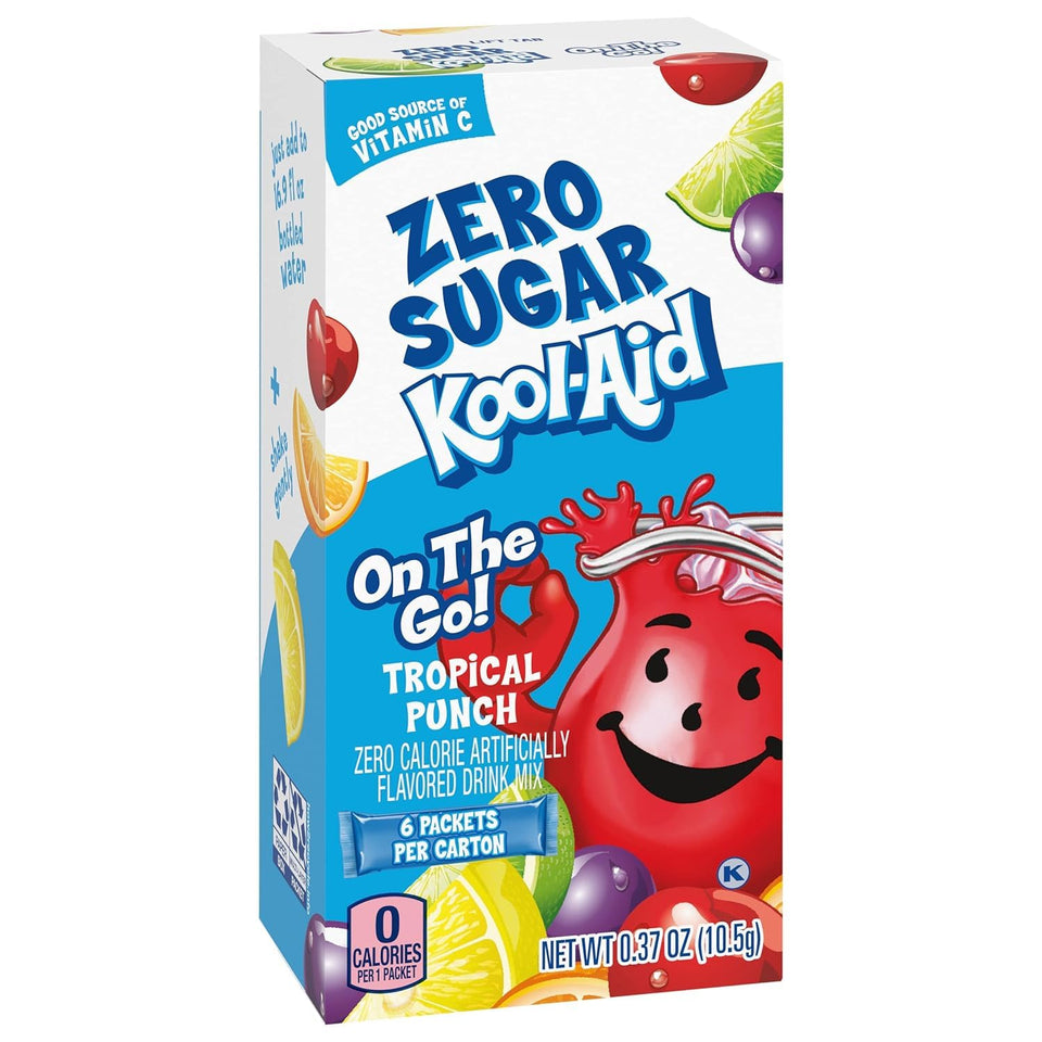 Doofie Deals Kool-Aid Zero Sugar Tropical Punch box with six packets per box for low-sugar refreshment.