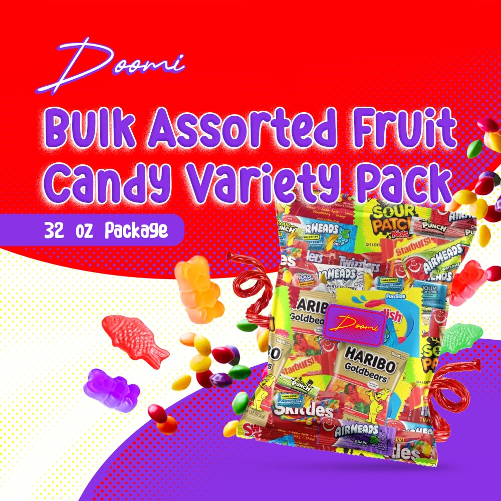Doomi bulk fruit candy 32oz variety closeup, showcasing chewy fruit flavors.