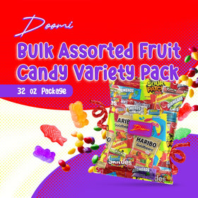 Doomi bulk fruit candy 32oz variety closeup, showcasing chewy fruit flavors.