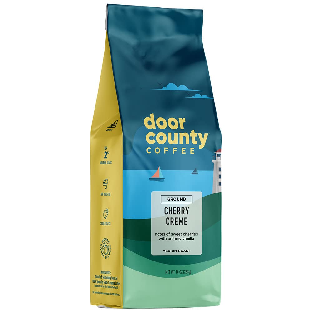 Door County Cherry Creme coffee bag showcases flavor-rich packaging for easy weekday mornings.