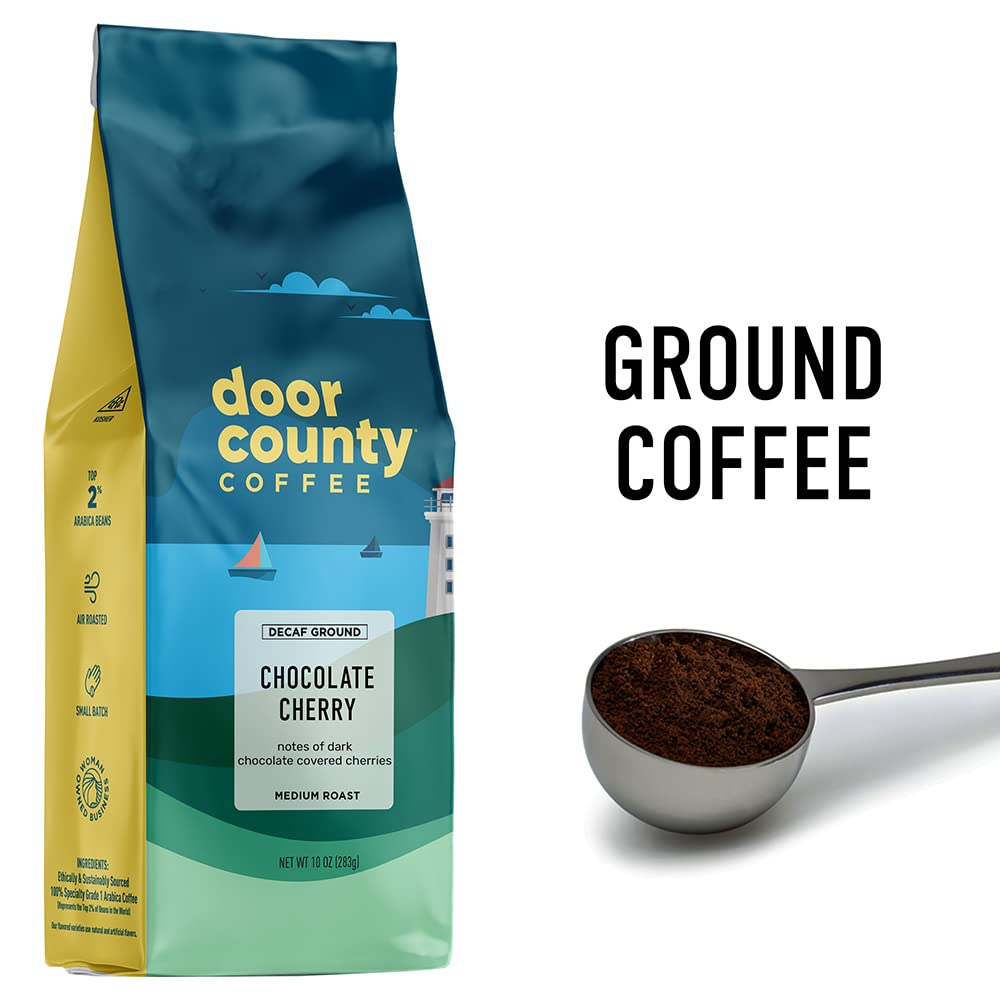 Door County Chocolate Cherry Decaf ground coffee in drip brewer for convenient mornings.