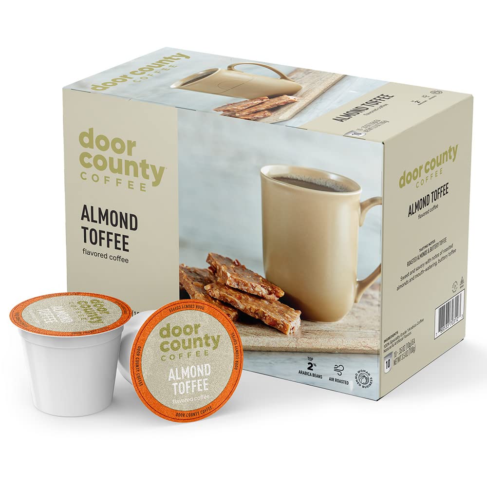 Door County Coffee Almond Toffee Ground hero packaging shows premium single-serve cups for quick mornings