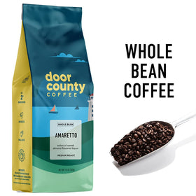 Door County Coffee Amaretto flavor label close-up highlighting gourmet notes