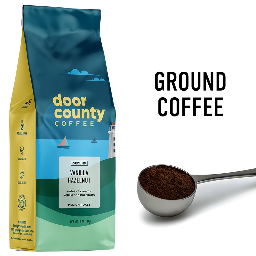 Door County Coffee Arabica beans closeup showcases premium quality for flavorful mornings.
