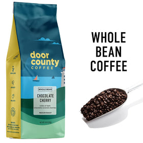 Closeup of Door County Coffee Chocolate Cherry label reveals premium flavor.
