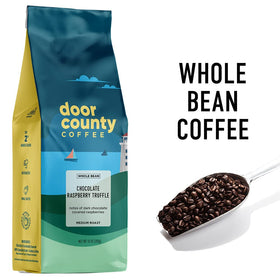 Door County Coffee Chocolate Raspberry Truffle medium roast label signals balanced daily brew