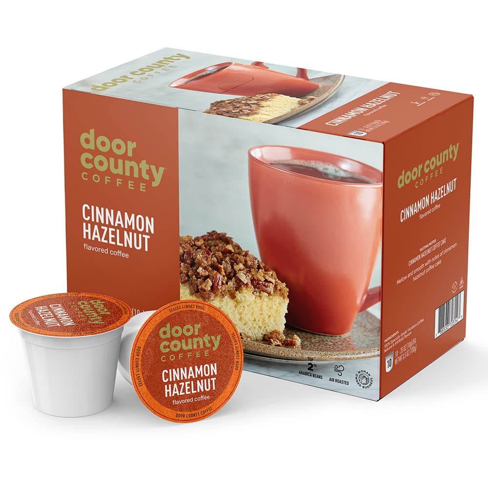 Door County Coffee Cinnamon Hazelnut cup shown, inviting a cozy morning ritual with rich aroma.