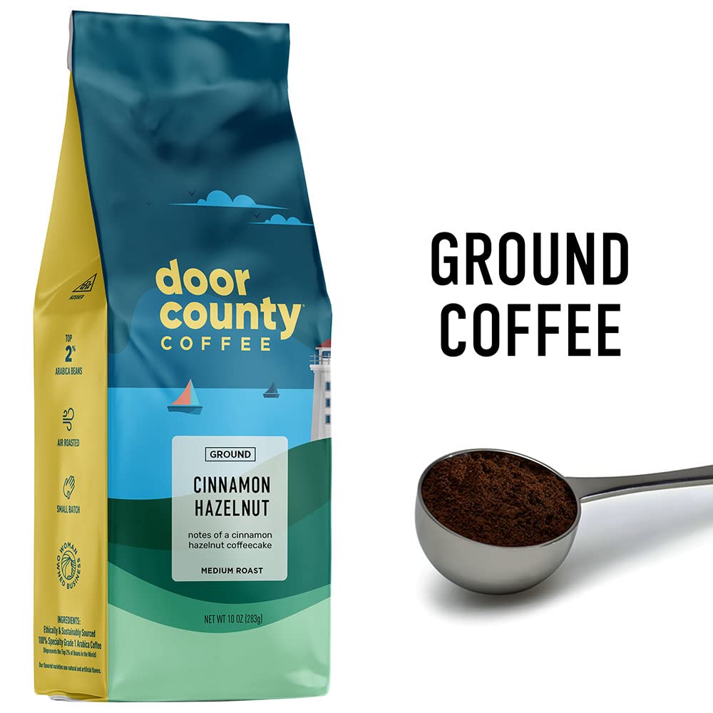 Door County Coffee Cinnamon Hazelnut ground coffee packaging ready for quick brewing.