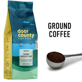 Ground Door County Coffee German Chocolate Cake ready for drip, French press, or cold brew.