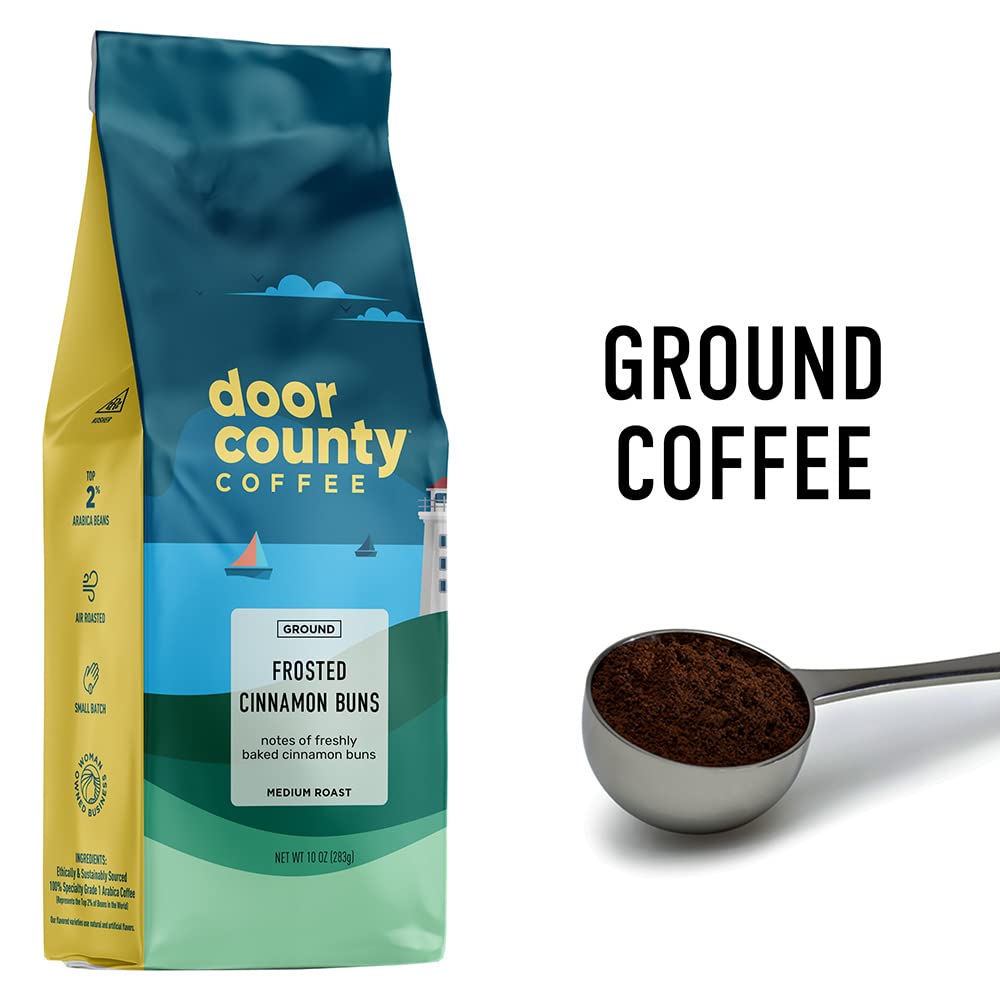 Door County Coffee ground coffee bag label showcasing premium Arabica beans.