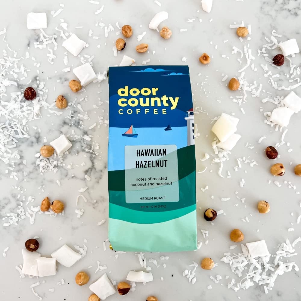 Brewed cup of Door County Hawaiian Hazelnut showing aromatic flavor profile.