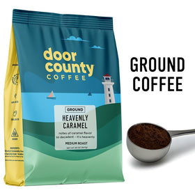 Door County Coffee Heavenly Caramel beans closeup highlights premium Arabica for rich sweetness