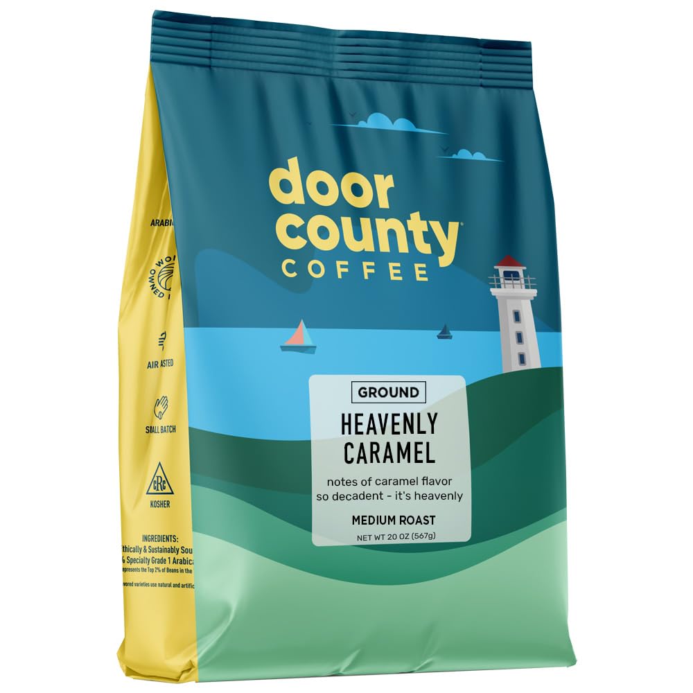 Door County Coffee Heavenly Caramel front-pack offers inviting aroma for a soothing morning