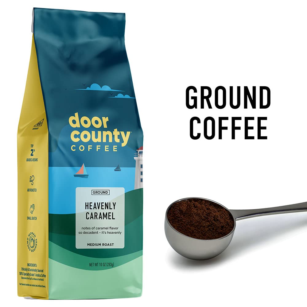 Door County Coffee Heavenly Caramel ground beans close-up, highlighting premium Arabica quality.