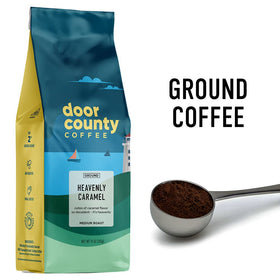 Door County Coffee Heavenly Caramel ground beans close-up, highlighting premium Arabica quality.