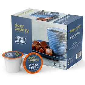 Door County Coffee Heavenly Caramel ground coffee 10-count pod, rich aroma for a luxurious morning