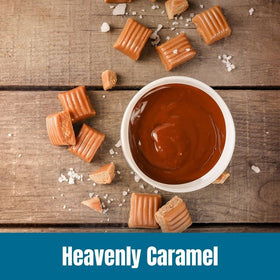 Door County Coffee Heavenly Caramel ground coffee with measuring spoon, ideal for precise brewing.