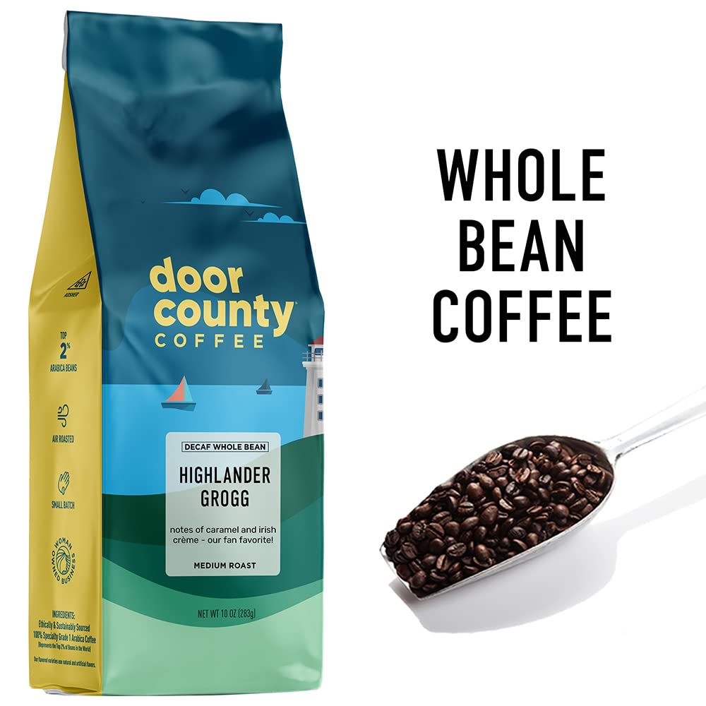 Highlander Grogg DECAF label close-up highlighting flavor notes and quality.