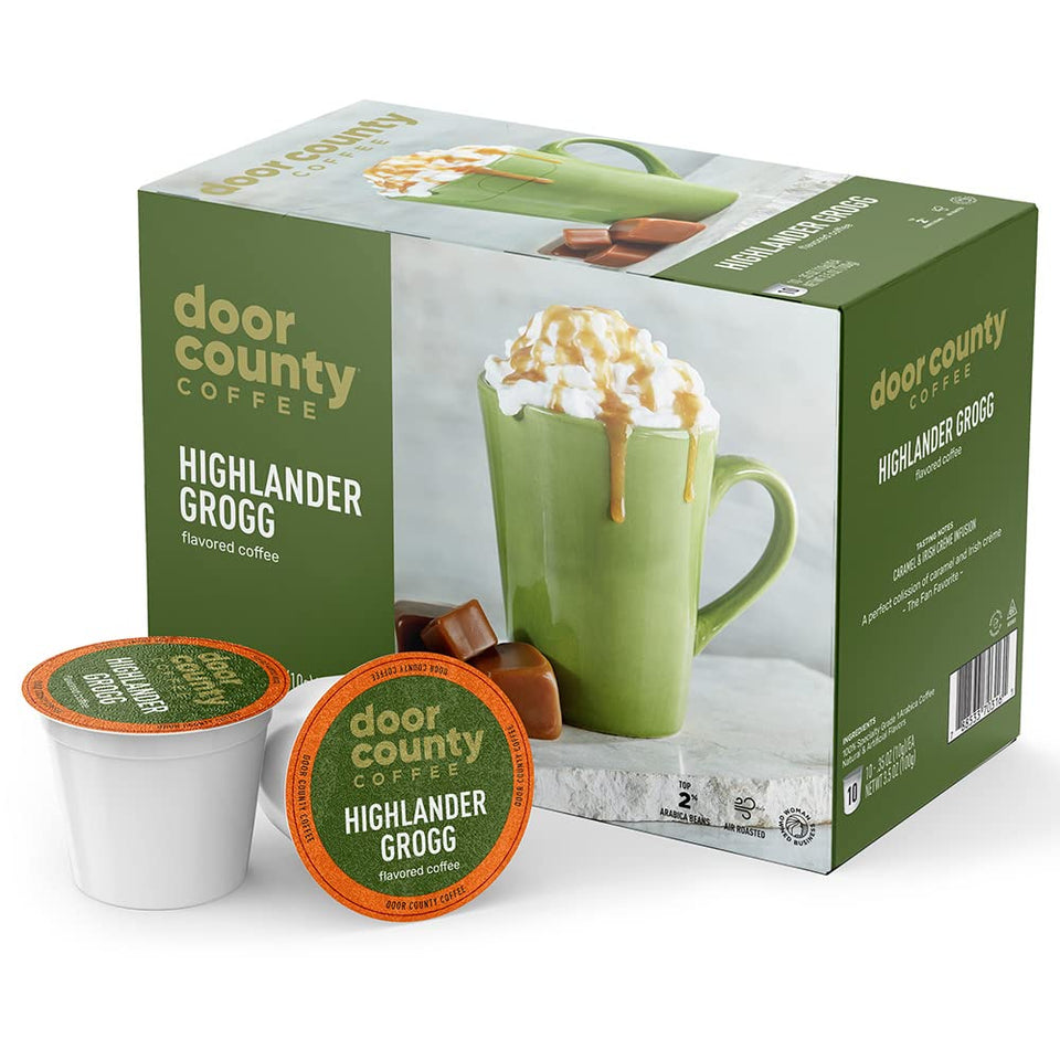 Door County Coffee Highlander Grogg ground packaging highlights rich aroma for a gourmet start.