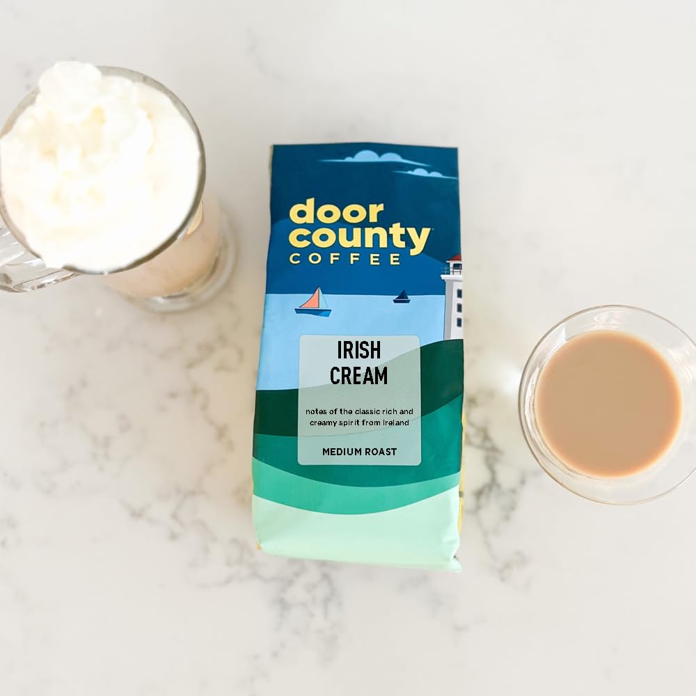 Door County Coffee Irish Cream ground coffee pour releasing creamy aroma