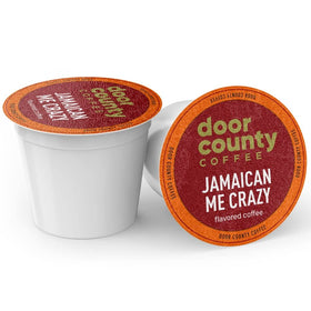 Door County Coffee Jamaican Me Crazy brew highlighting convenient flavor release.