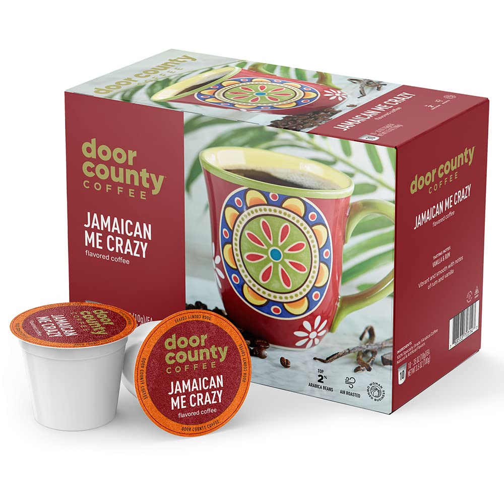 Door County Coffee Jamaican Me Crazy cups for easy single-serve flavor.