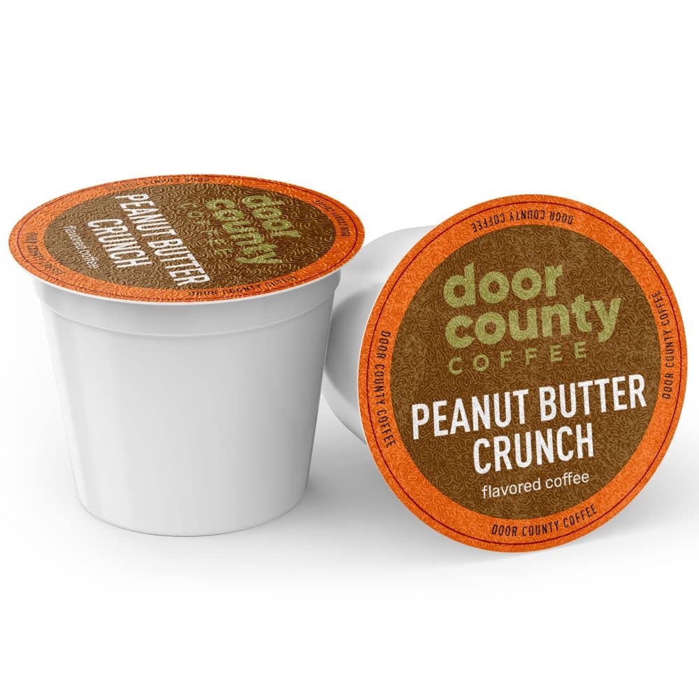 Door County Coffee Peanut Butter Crunch ground label shows flavor notes and roast details