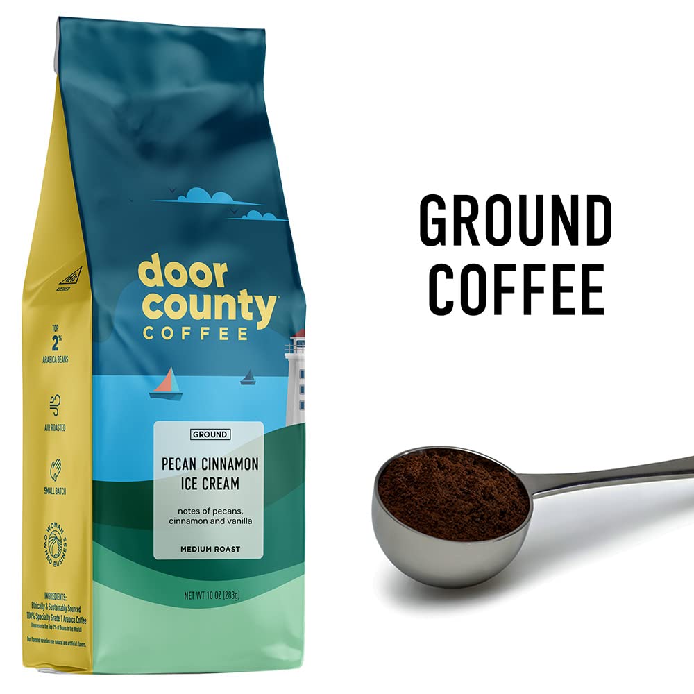 Door County Coffee pecan cinnamon beans close-up highlighting premium Arabica