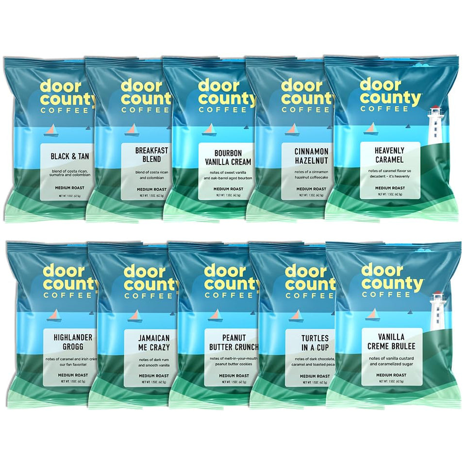 Door County Coffee Black & Tan flavor in sampler pack for a cozy morning boost.