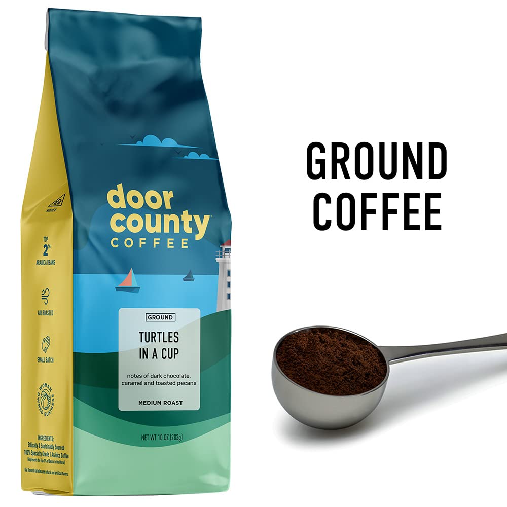 Door County Coffee & Tea Co. Turtles in a Cup bag shows roast profile and freshness notes.