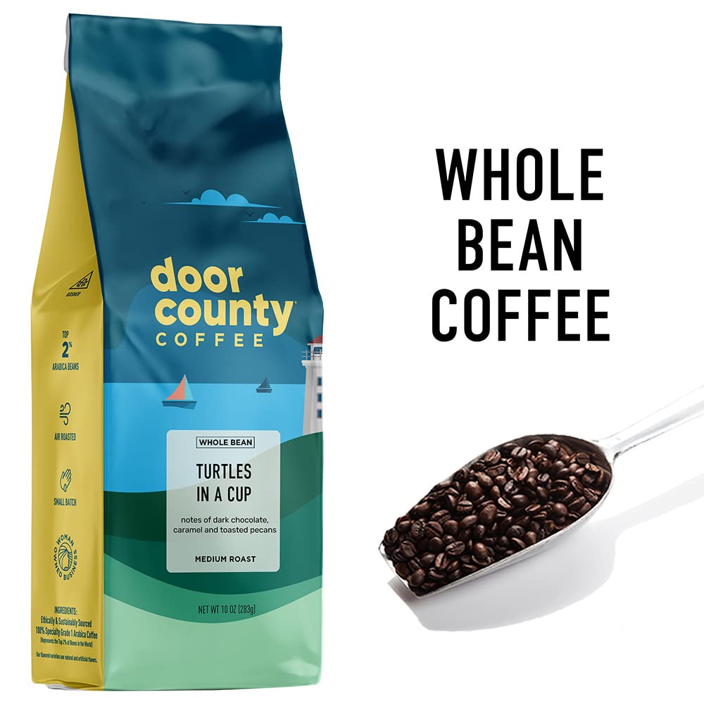 Packaging and label of Door County Coffee Turtles in a Cup flavored roast