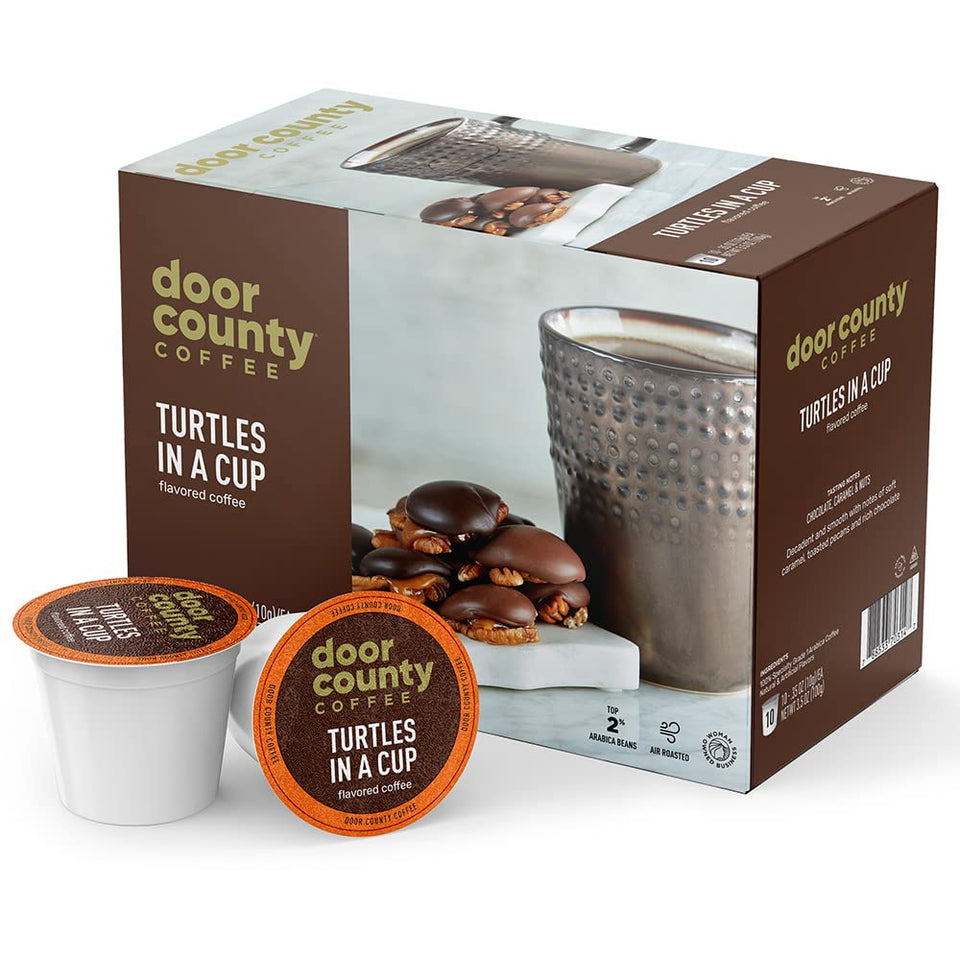 Door County Coffee Turtles in a Cup packaging showing premium single-serve convenience for busy mornings.