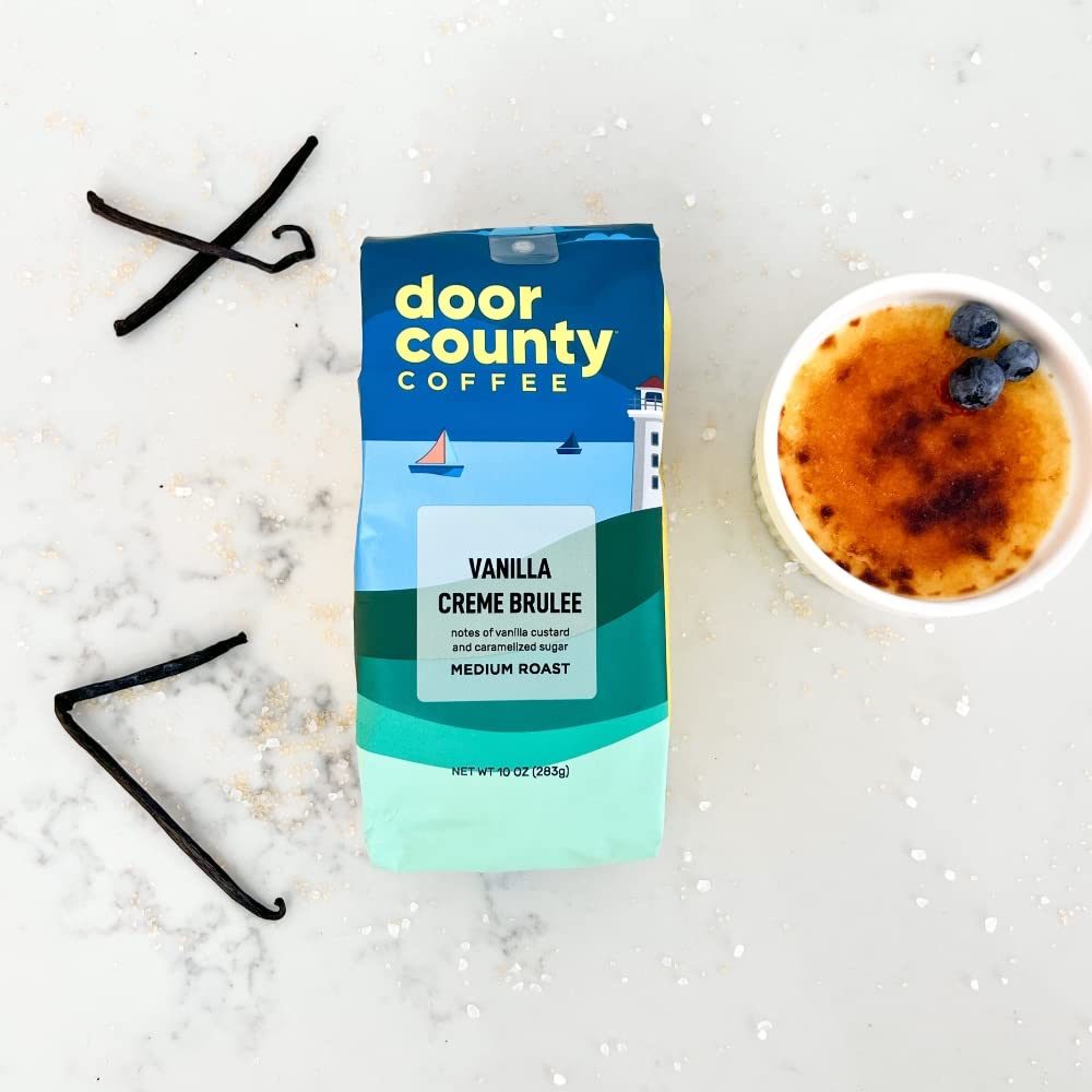 Door County Vanilla Creme Brulee beans closeup showcases high-quality Arabica selection.