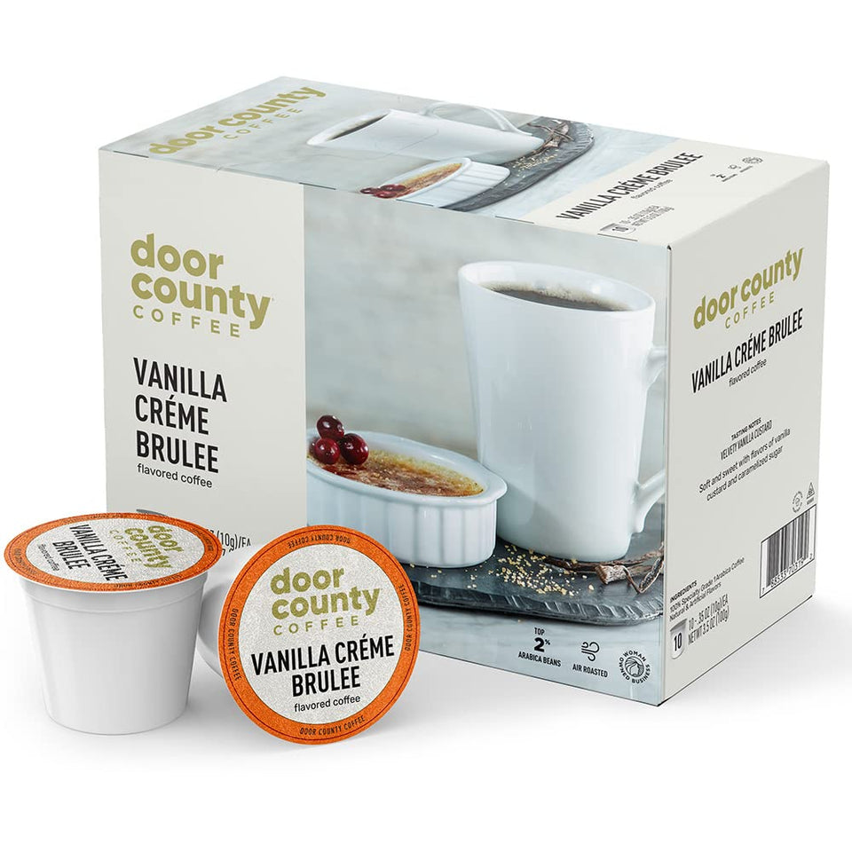 Door County Coffee Vanilla Creme Brulee cup ready for a quick morning boost.