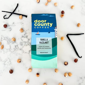 Door County Coffee Vanilla Hazelnut whole bean ready to brew for drip or French press.