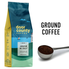 Door County Jamaican Me Crazy ground coffee pour, ideal for quick morning ritual.