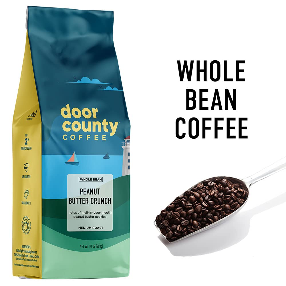 Door County Coffee Peanut Butter Crunch 10oz bag for convenient home brewing.