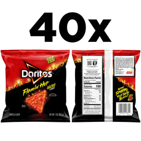 Doritos Flamin' Hot Nacho crunch closeup, crispy texture and spicy flavor.