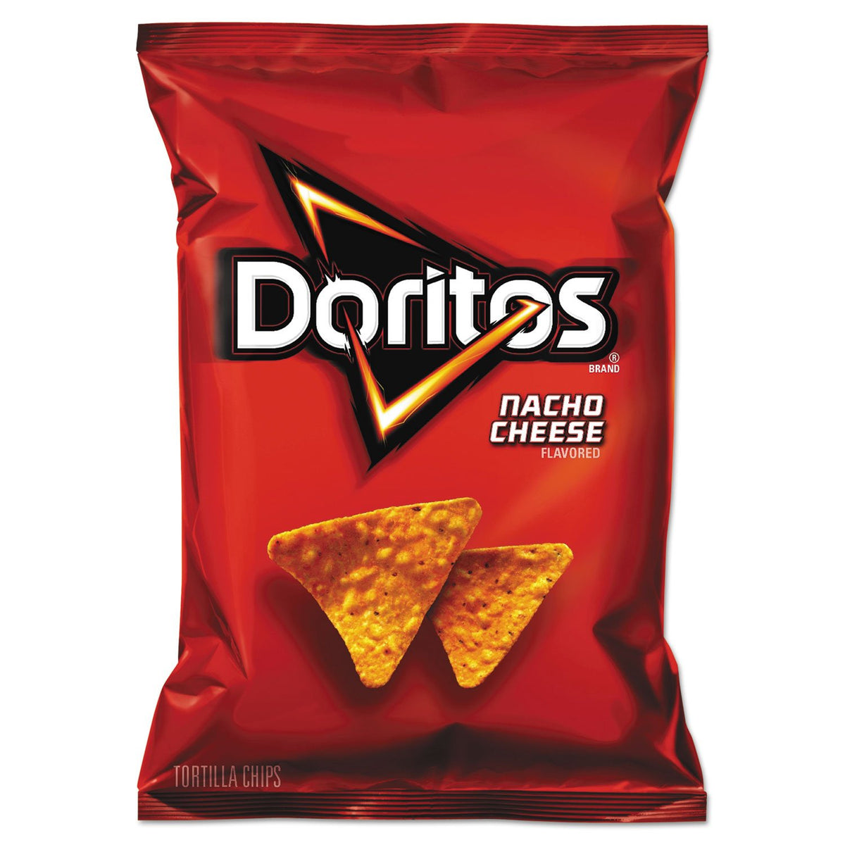 Doritos Nacho Cheese tortilla chips front view in pack, ideal for gatherings and quick snacking.