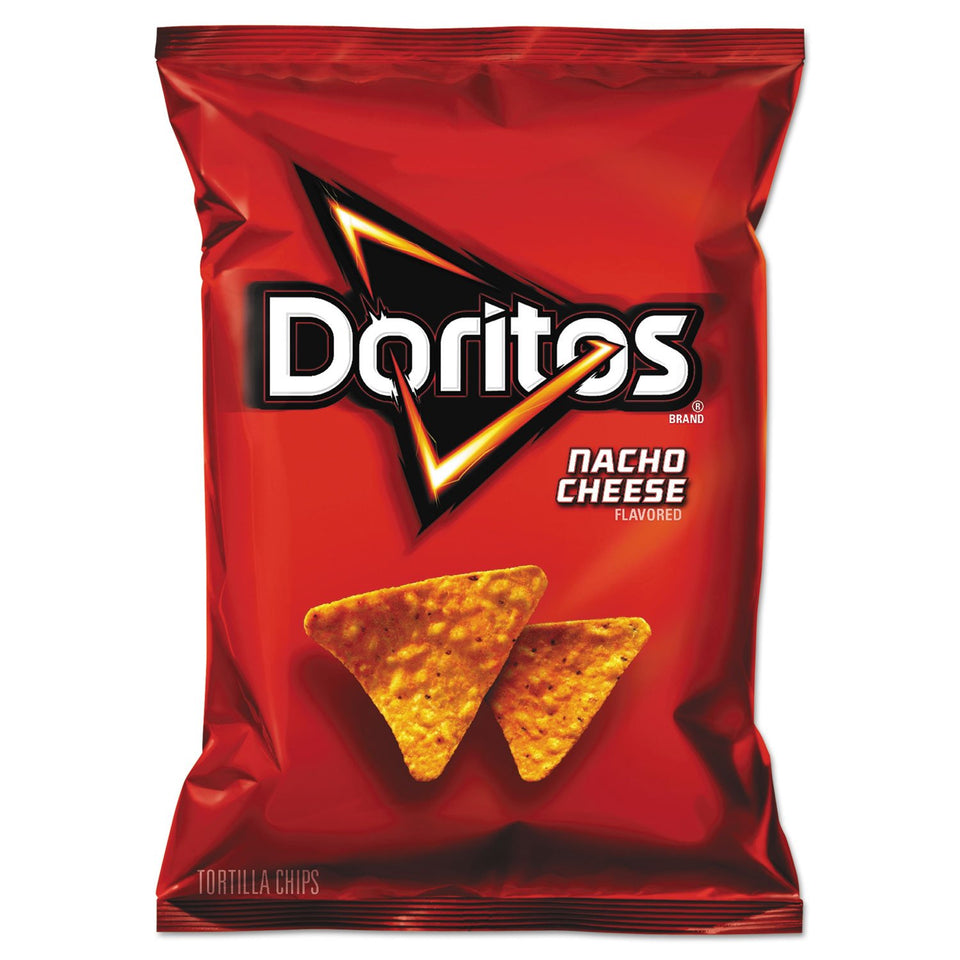 Doritos Nacho Cheese tortilla chips front view in pack, ideal for gatherings and quick snacking.